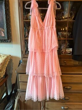Women’s Pink Tiered Polka-Dot V-Neck Dress